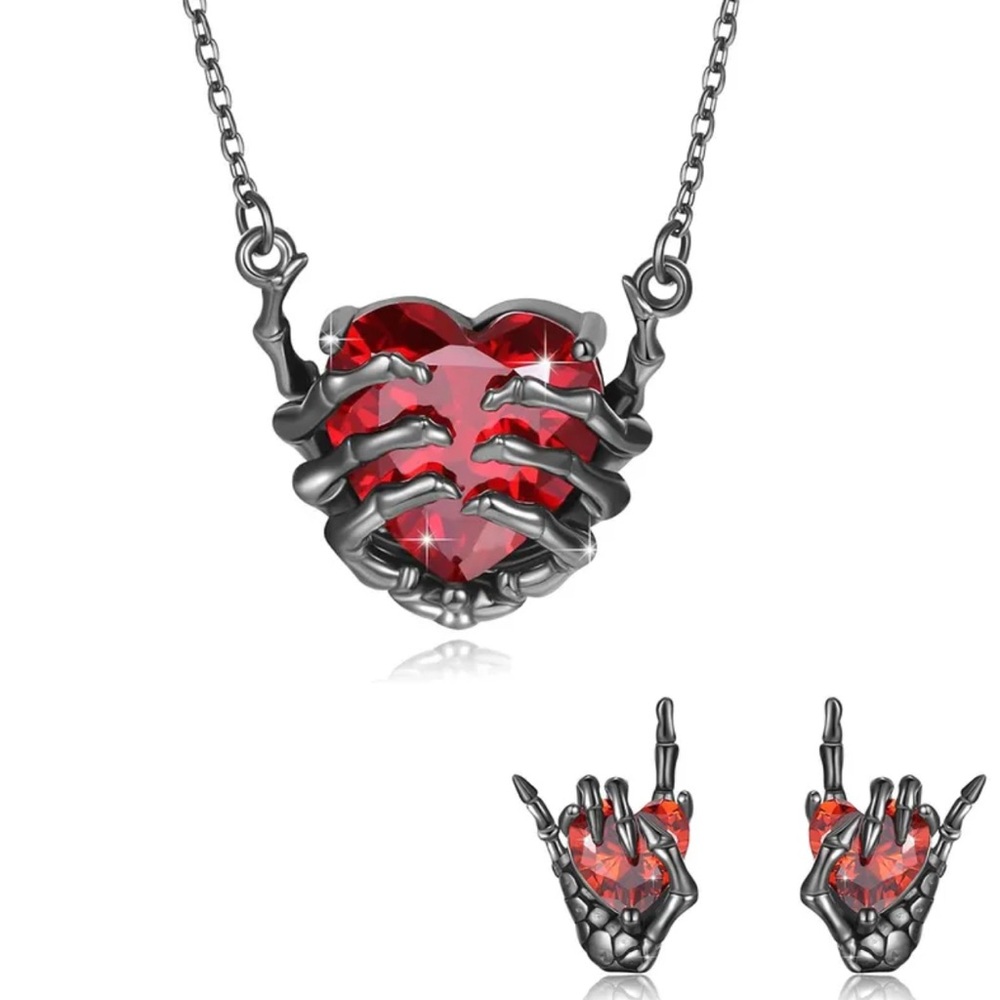 Gothic Skeleton Hand Heart Earrings and Necklace Halloween jewelry